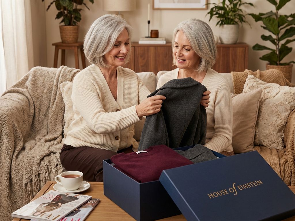 Elegante vrouw met zilvergrijs haar bekijkt luxe winterkleding van House of Einstein in moderne woonkamer