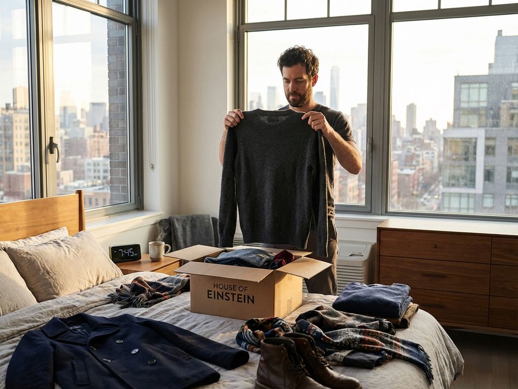 Man houdt wollen trui vast in moderne slaapkamer met winterkleding van House of Einstein uitgespreid op bed
