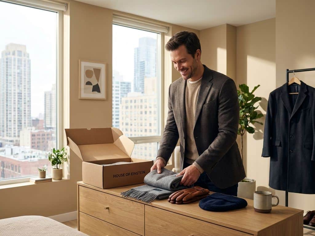 Professionele man stijlt luxe winteraccessoires van House of Einstein in moderne stedelijke woning met natuurlijk licht