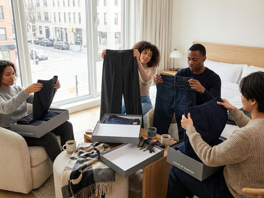 Diverse groep mensen bekijkt House of Einstein winterbroeken in stijlvolle, warm verlichte slaapkamer met natuurlijk licht