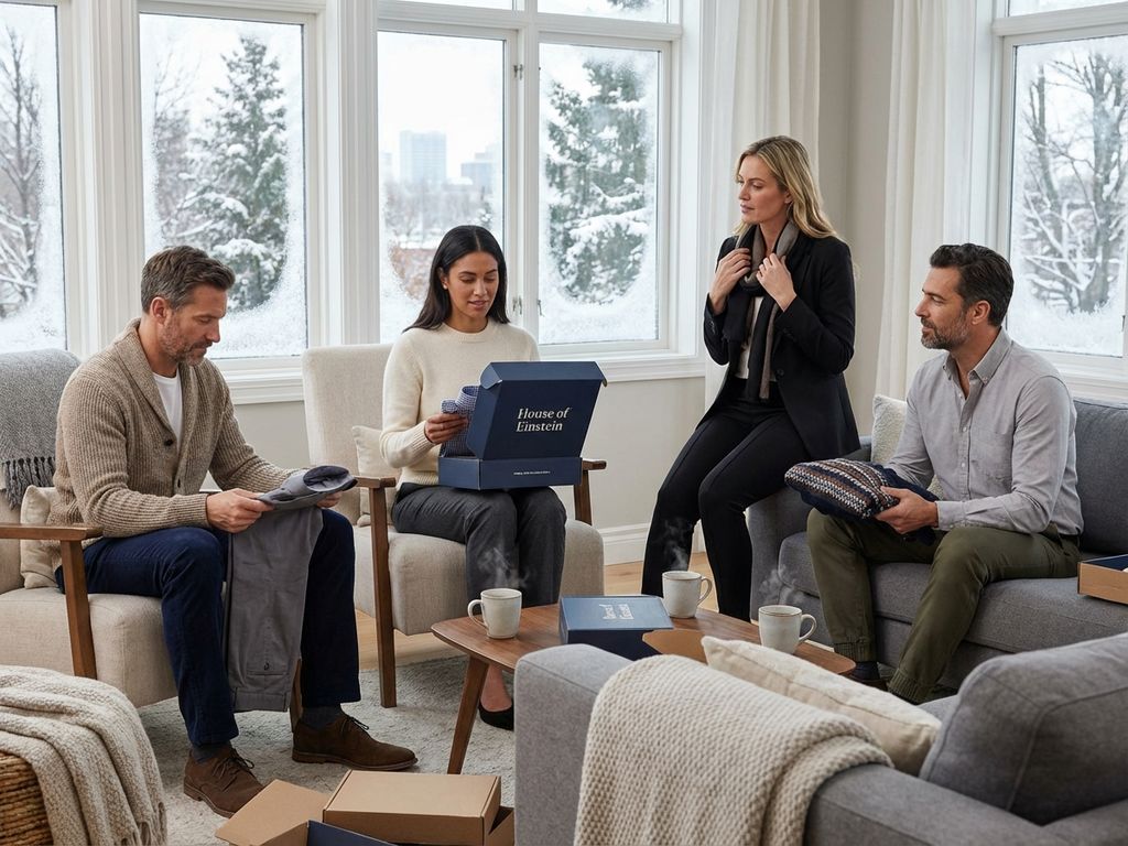 Diverse groep mensen in winterkleding past professionele broeken uit House of Einstein styling dozen in warme woonkamer