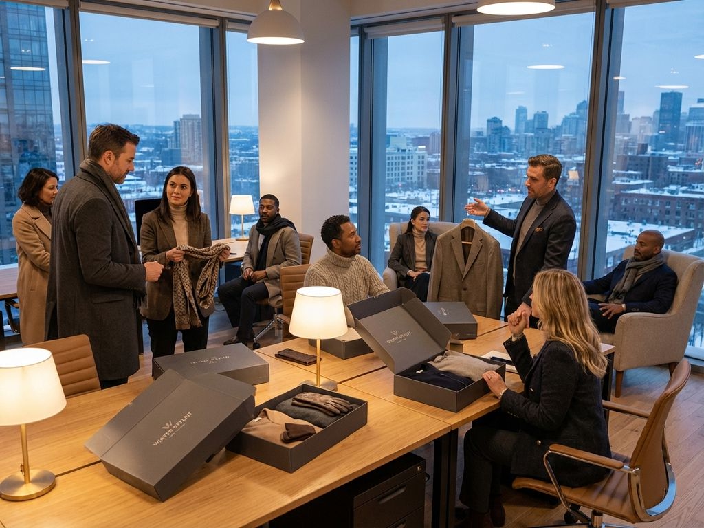 Diverse professionals in elegante winterkleding werken in modern kantoor met besneeuwde uitzicht en styling dozen