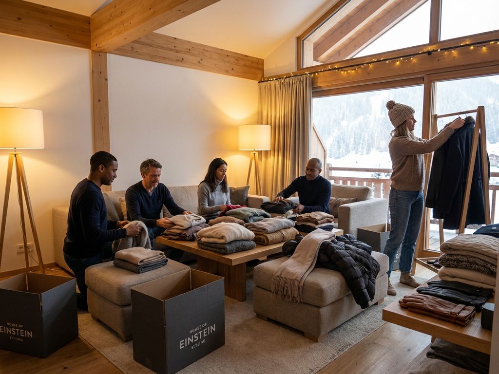 Diverse mensen organiseren winterkleding in moderne woonkamer, vouwen truien en hangen jassen op tijdens seizoensonderhoud