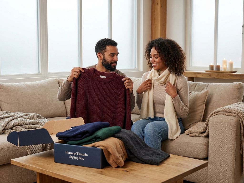 Diverse koppel bekijkt luxe winterkleding uit House of Einstein styling box in gezellige moderne woonkamer