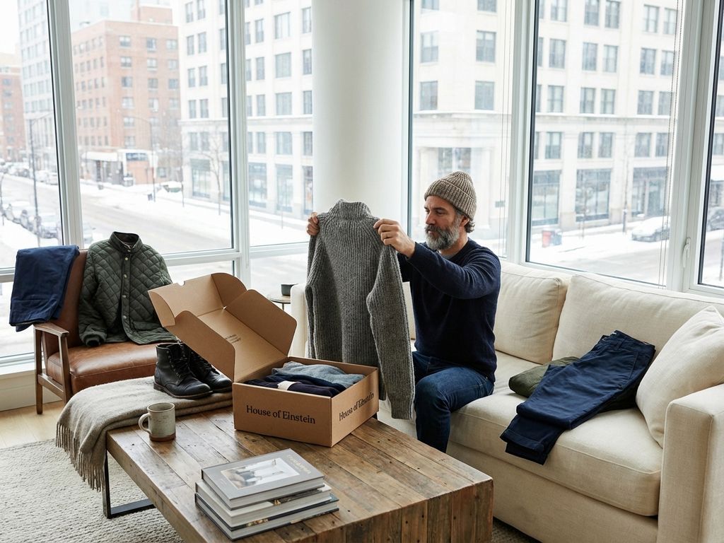Man selecteert winterkleding uit House of Einstein stylingbox in modern appartement met natuurlijk licht