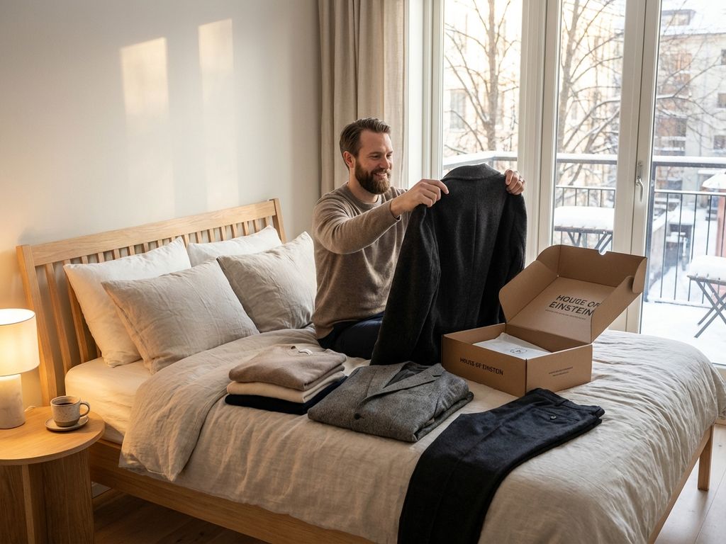Man selecteert winterkleding uit House of Einstein stylingbox in moderne slaapkamer met wollen jas en andere kledingstukken