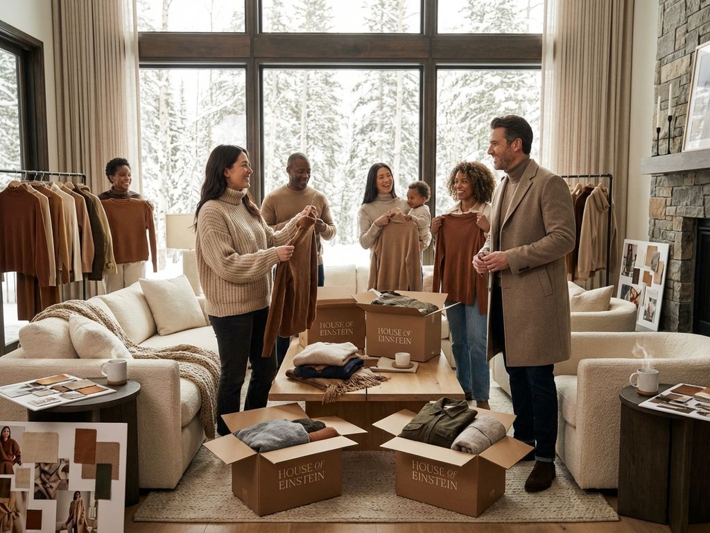 Diverse mensen passen House of Einstein winterkleding aan in gezellige woonkamer met besneeuwde ramen op achtergrond