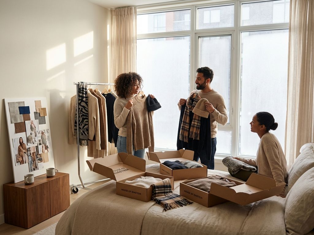Diverse mensen stylen winterkleding van House of Einstein in moderne slaapkamer met natuurlijk licht en mode-inspiratie