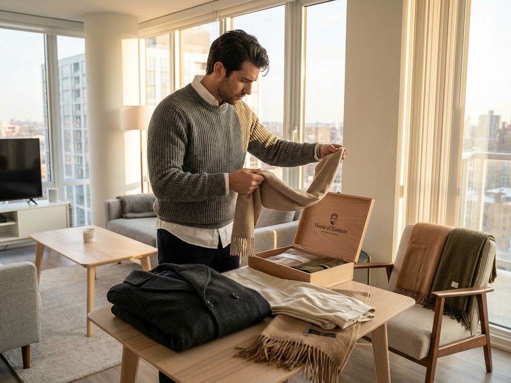 Stijlvolle man organiseert winterkleding van House of Einstein styling box in modern appartement met natuurlijk licht