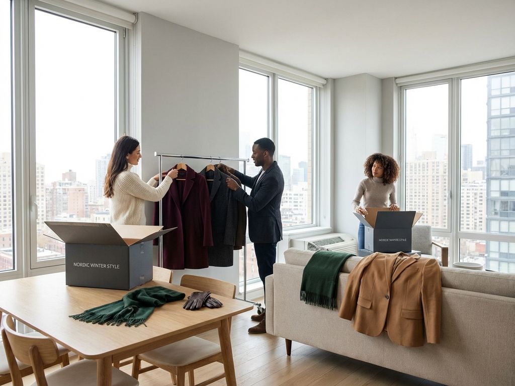 Diverse mensen organiseren winterse zakelijke kleding in elegant gestylede dozen in modern appartement met natuurlijk licht