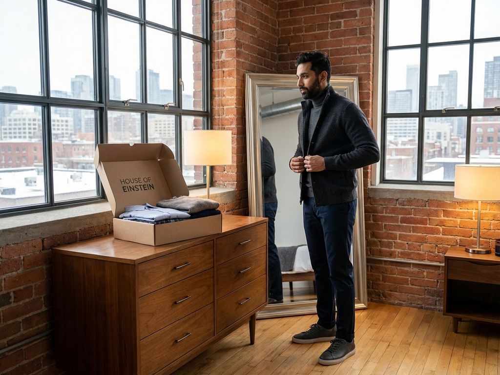 Man past winterse business casual outfit aan voor spiegel in moderne loft met House of Einstein kledingdoos op dresser