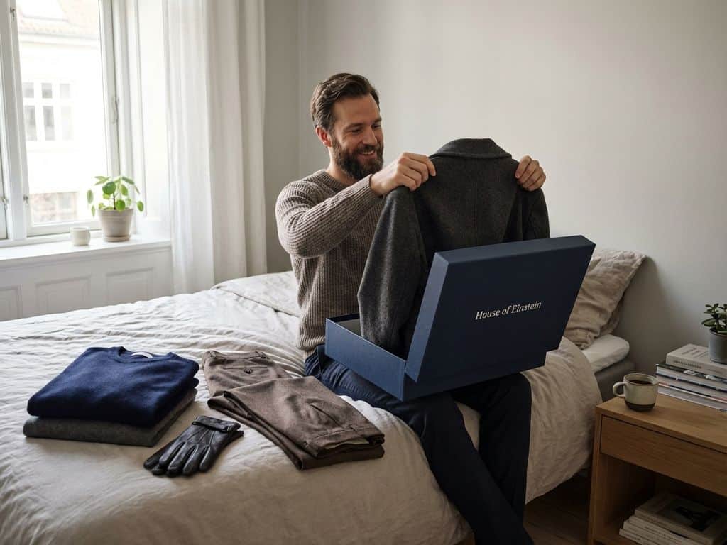 Man opent premium House of Einstein kledingdoos met luxe winterkleding in moderne slaapkamer met warme verlichting