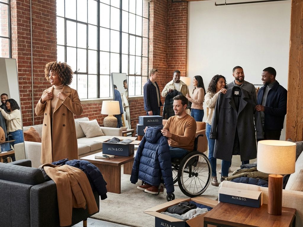 Diverse mensen passen premium winterjassen aan in stijlvolle urban loft met natuurlijk licht en luxe kledingboxen