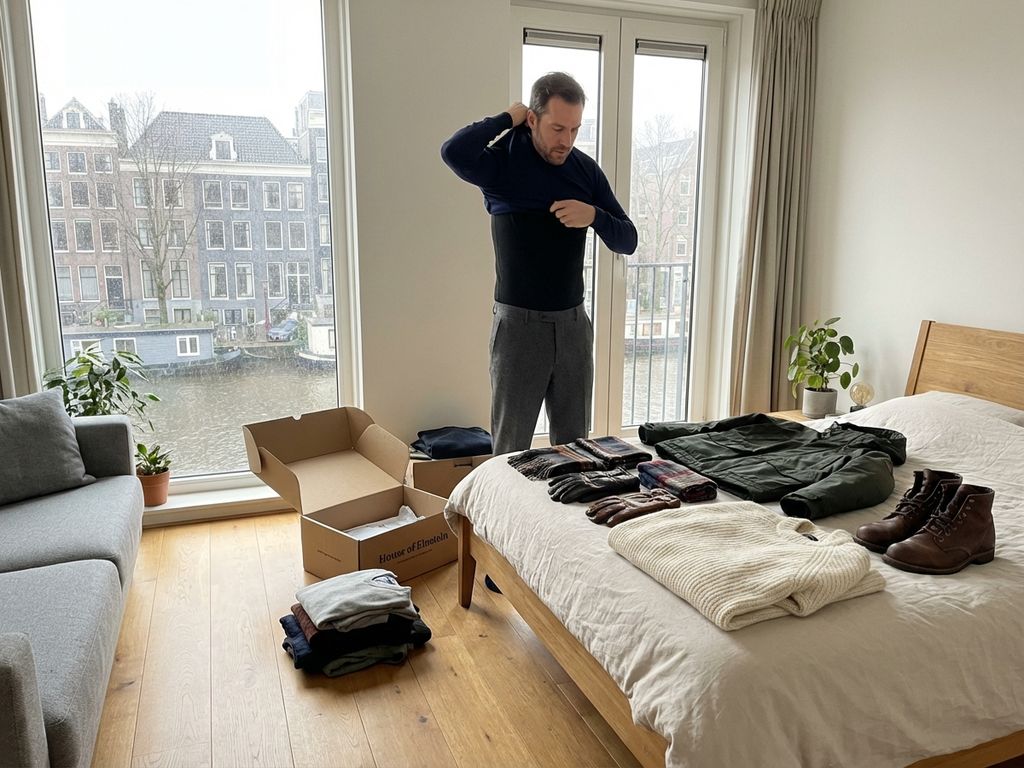 Nederlandse man trekt merino wol basislaag aan in moderne Amsterdamse flat met winter kleding van House of Einstein styling box