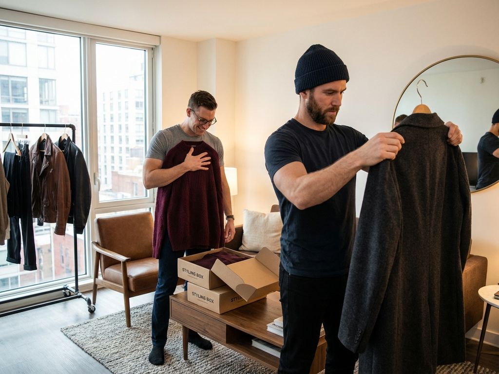 Twee mannen met brede bouw passen luxe winterkleding aan in moderne stadswoning met wollen jassen en truien