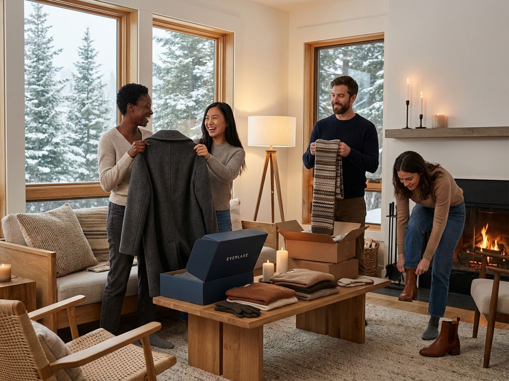 Diverse mensen bekijken premium winterkleding in stijlvolle woonkamer met Scandinavisch interieur en warme verlichting