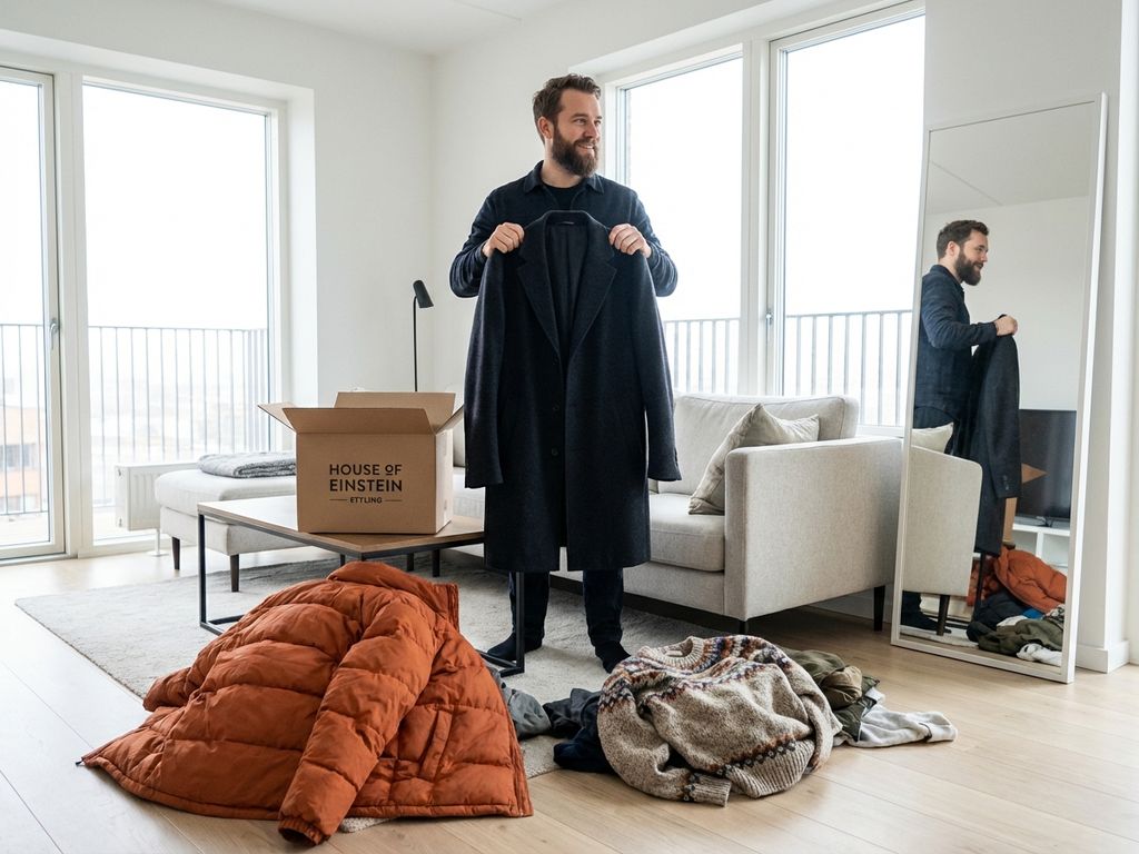 Man bekijkt hoogwaardige winterjas uit House of Einstein styling box in moderne woning, slecht passende kleding ligt ernaast