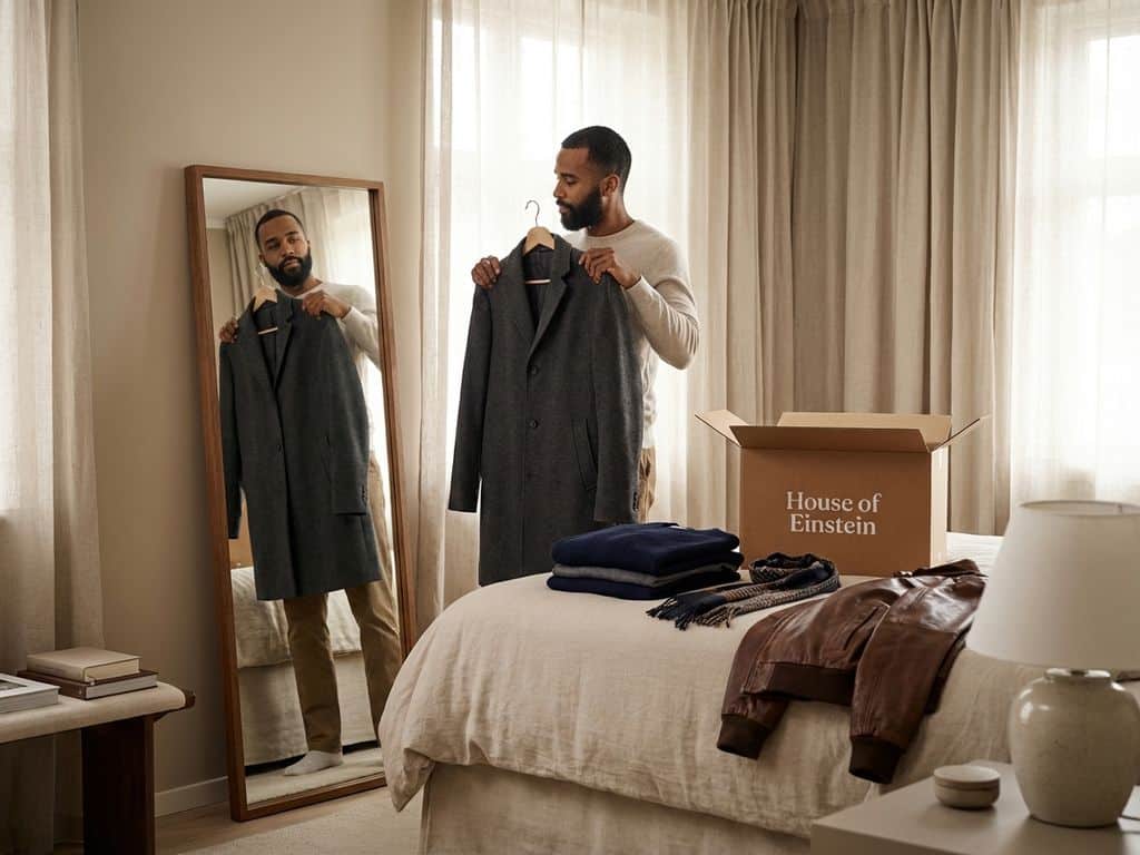 Man past donkere winterjas aan voor spiegel in slaapkamer met House of Einstein kledingbox en winterkleding op bed