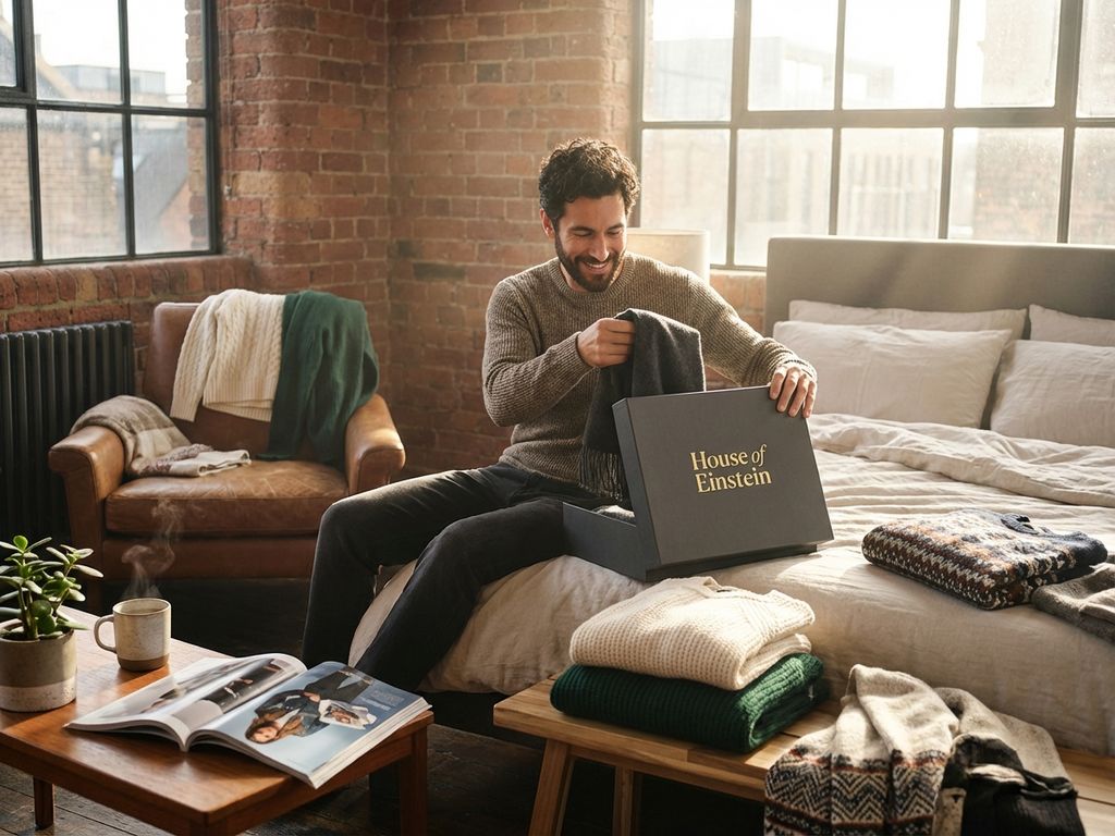 Man opent House of Einstein kledingdoos met winterkleding in moderne loft slaapkamer bij ochtendlicht