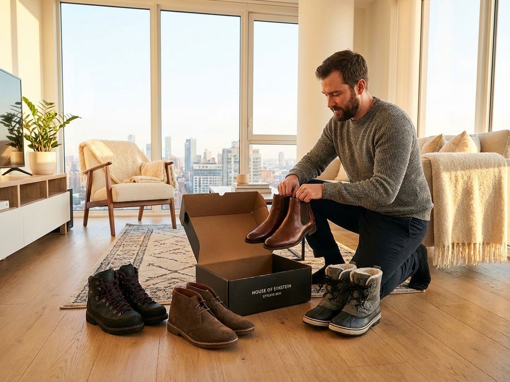Man bekijkt elegante leren winterlaarzen uit House of Einstein styling box in moderne stedelijke woning met natuurlijk licht