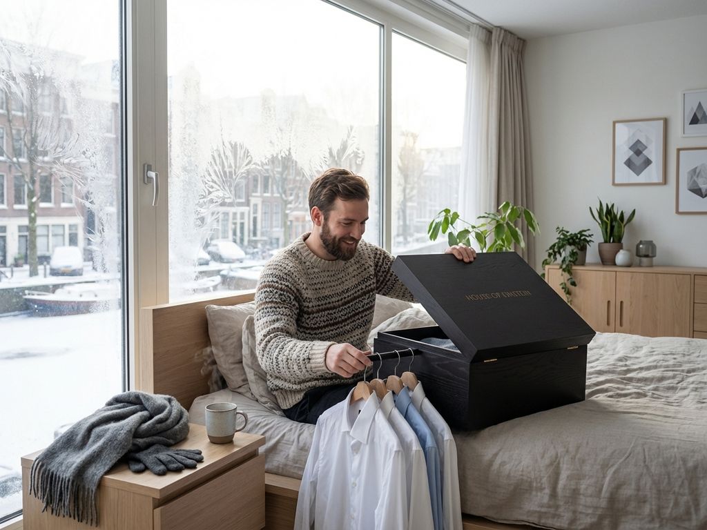 Man opent House of Einstein kledingdoos met kreukvrije overhemden op bed in moderne Nederlandse slaapkamer op winterochtend