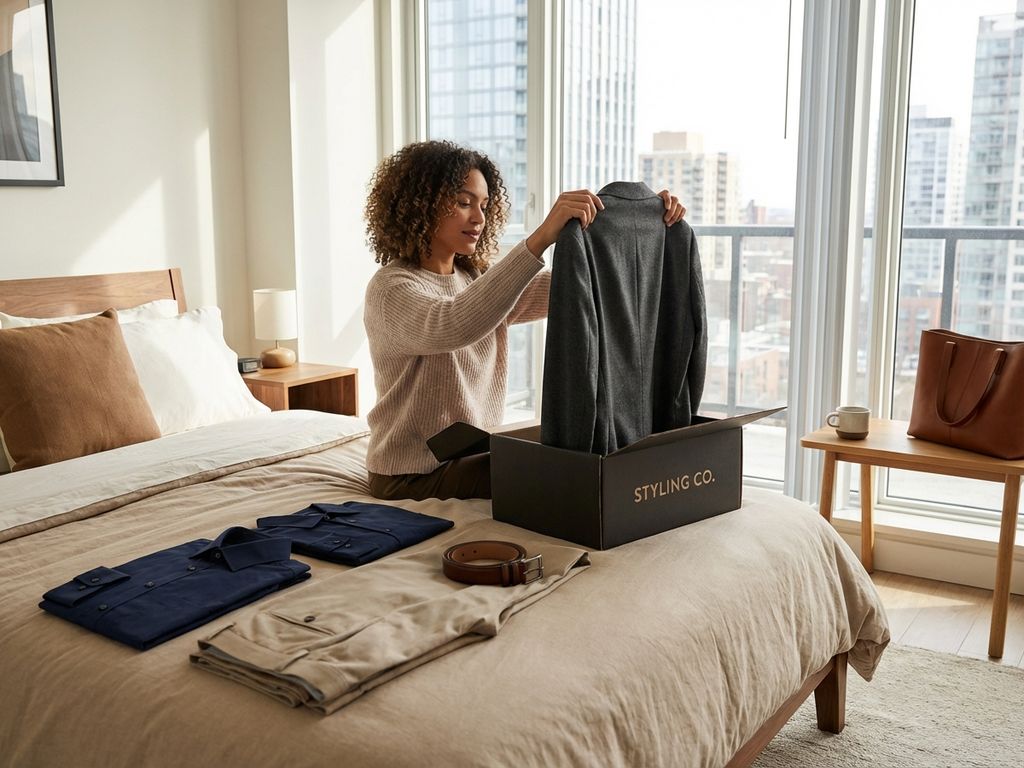 Professionele persoon bekijkt zakelijke kleding uit premium styling box in moderne stedelijke appartement