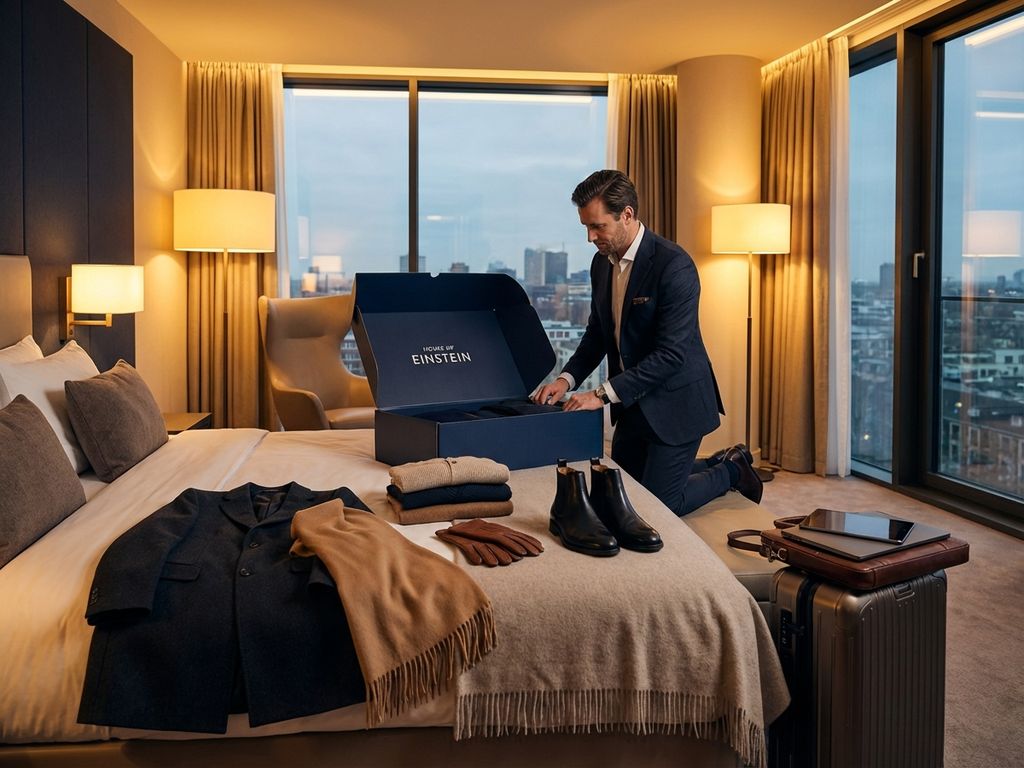Zakenreiziger pakt luxe winterkleding uit House of Einstein box in moderne hotelsuite met wollen jas en kasjmier sjaal